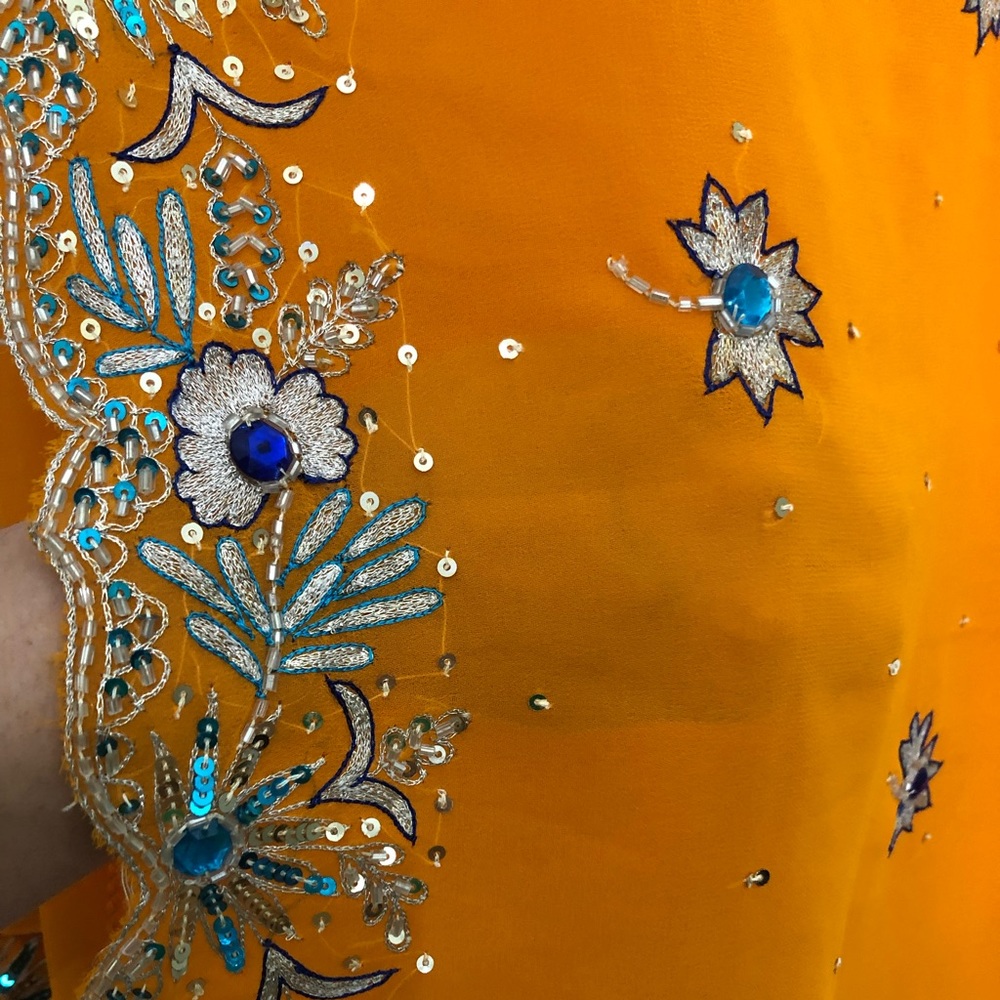 Tangerine possibly georgette Saree Fabric with beautiful minakari embroidery